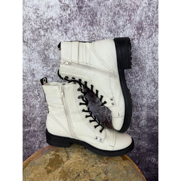 G by Guess White Boots Grace Combat Moto Ankle Buckled Side Zip Lace Up 7M - Picture 2 of 8